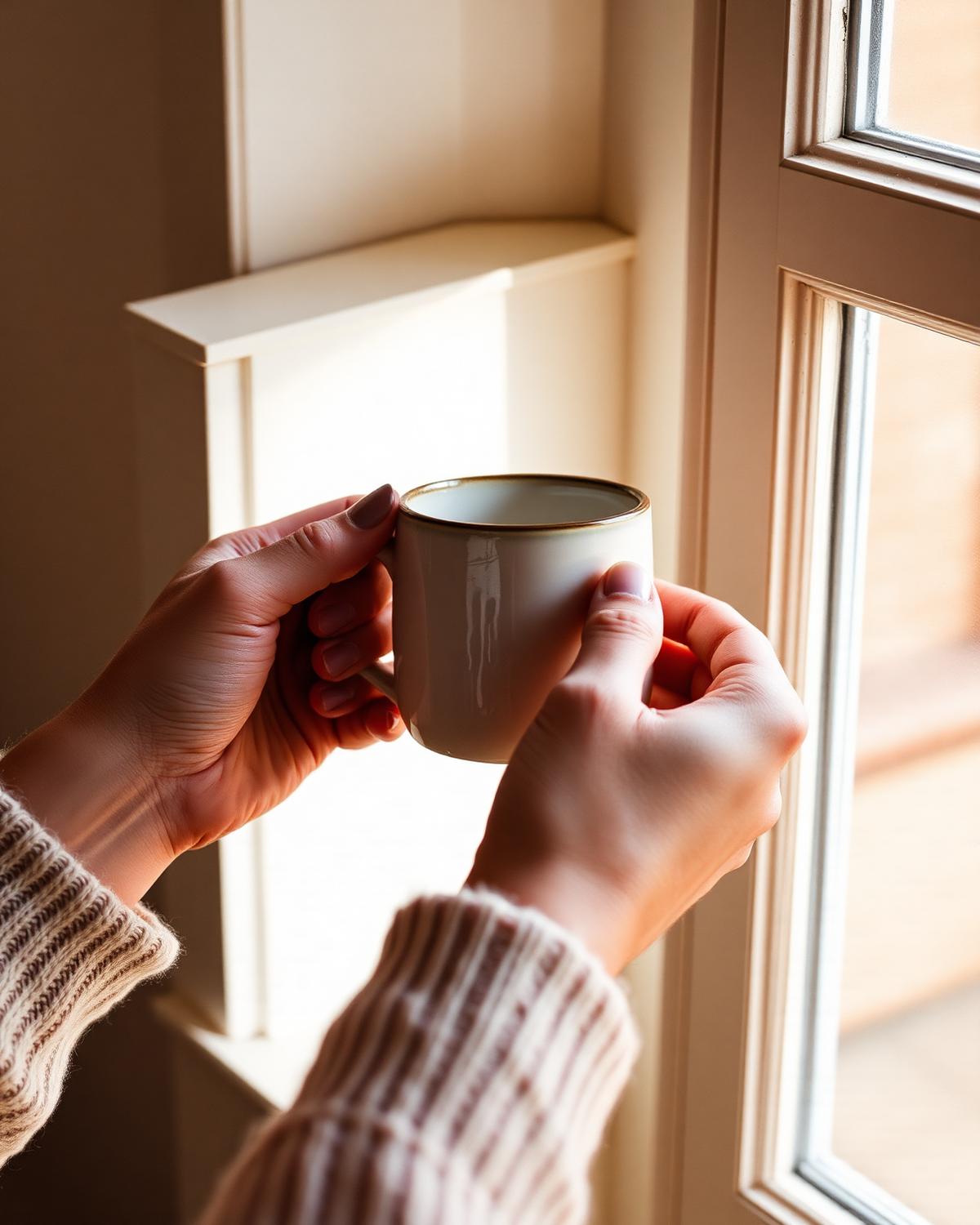 Hands holding a warm mug in soft light